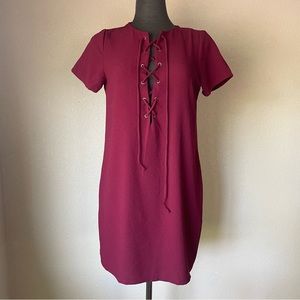 Teenplo Short Sleeve Lace-Up Top Dress Maroon Medium